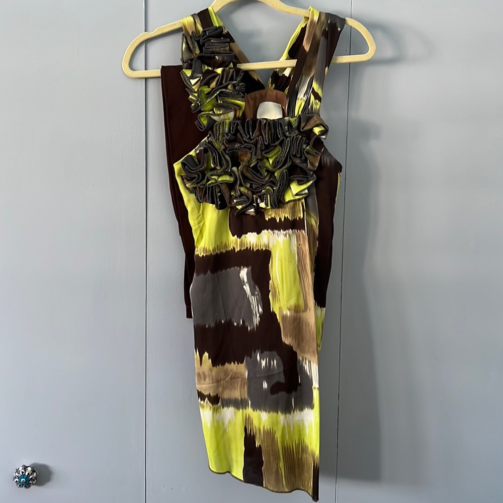 Green, brown & gray tunic blouse with brown leggings